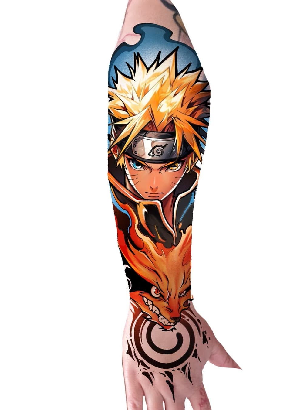 A arte criada pelo Cláudio posicionada sobre o braço: Naruto e a raposa em cor, com o selo na mão