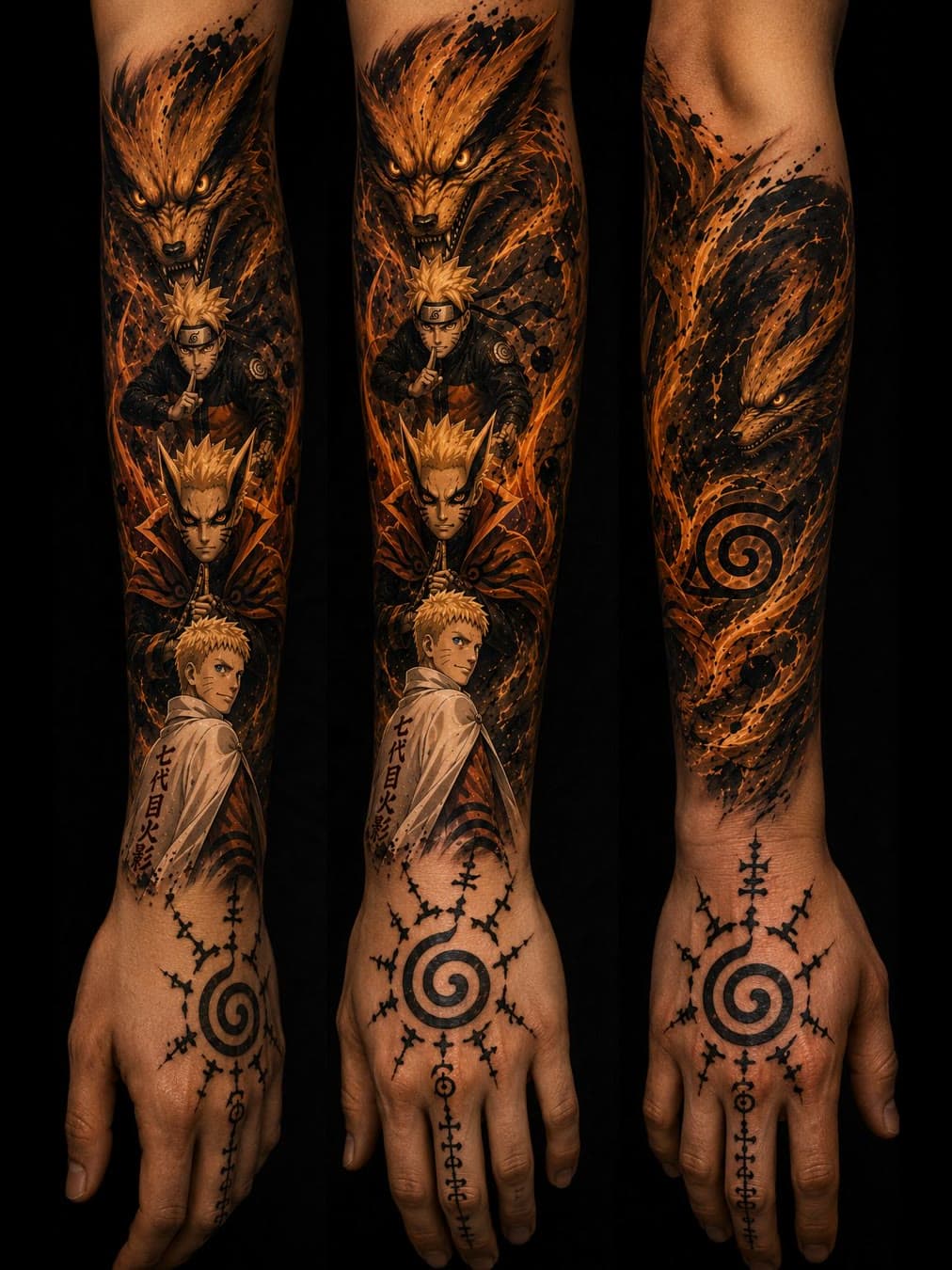 A referência enviada pela cliente: braço fechado do Naruto em tons escuros, visto de três ângulos