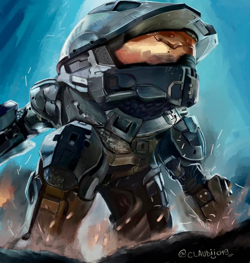 Um soldado de armadura e capacete de visor, agachado