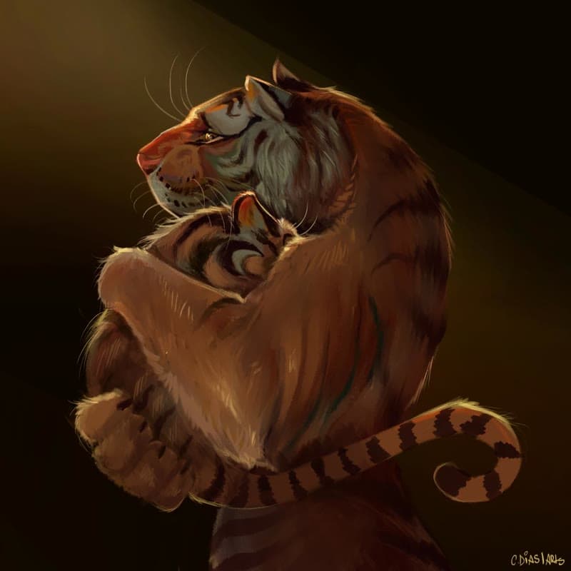 Um tigre enrolado no escuro, a cauda em volta do corpo