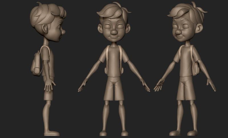 O personagem 3D que ele modelou na faculdade, ainda em barro cinza, em três vistas