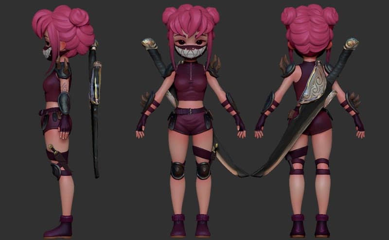 O mesmo personagem finalizado, de cabelo rosa e duas katanas, em três vistas