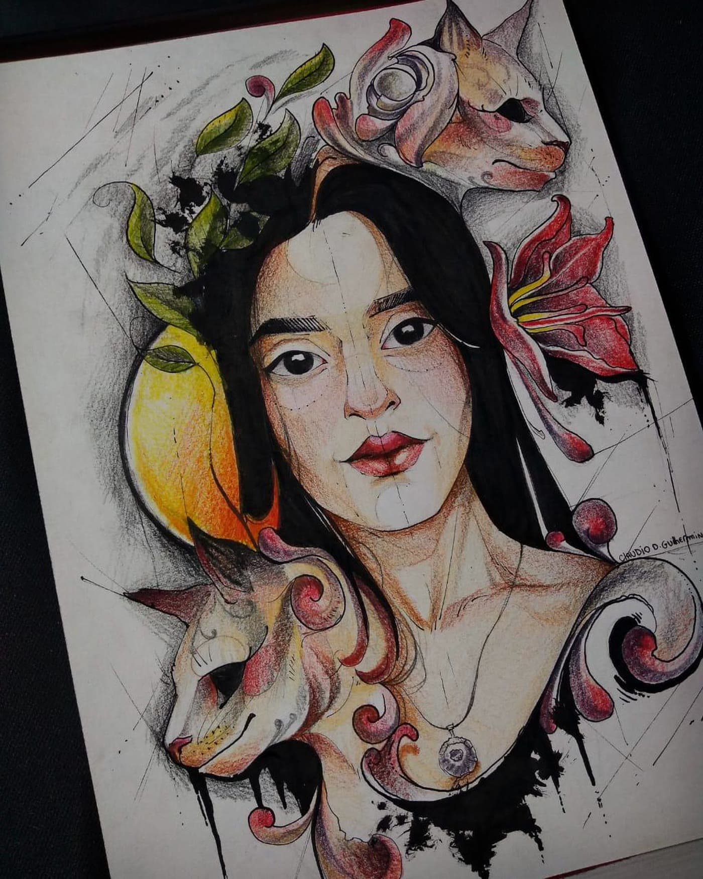 Um retrato de mulher cercado de gatos e flores